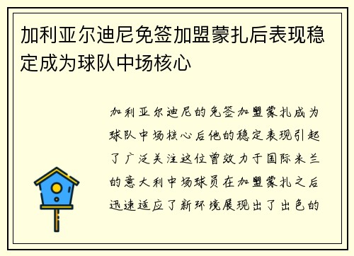 加利亚尔迪尼免签加盟蒙扎后表现稳定成为球队中场核心